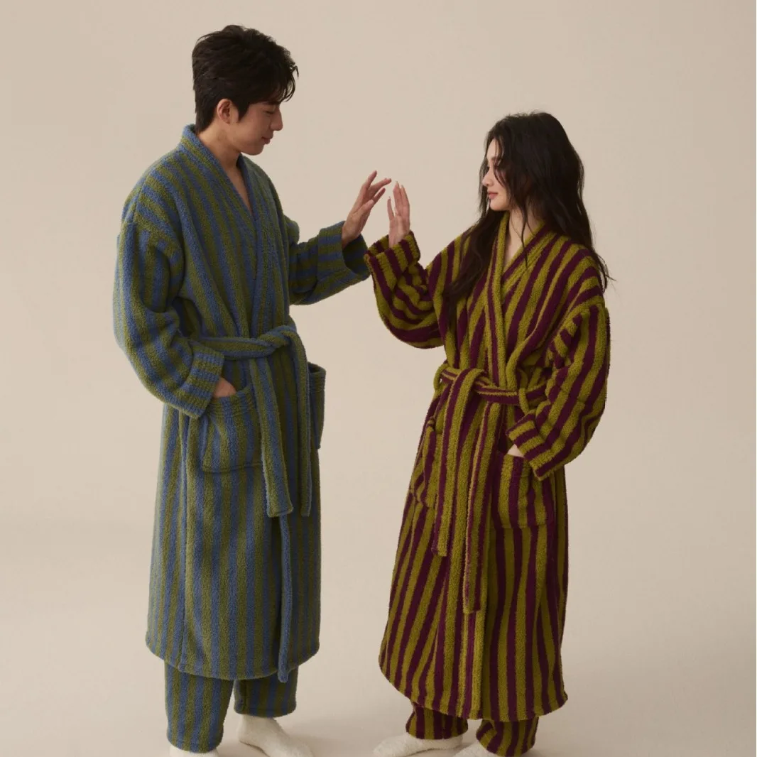 

New Autumn Winter Couple Thickened Flannel Coral Velvet Robe Pants Pajamas Set Striped Lengthed Home Clothes For Women Men