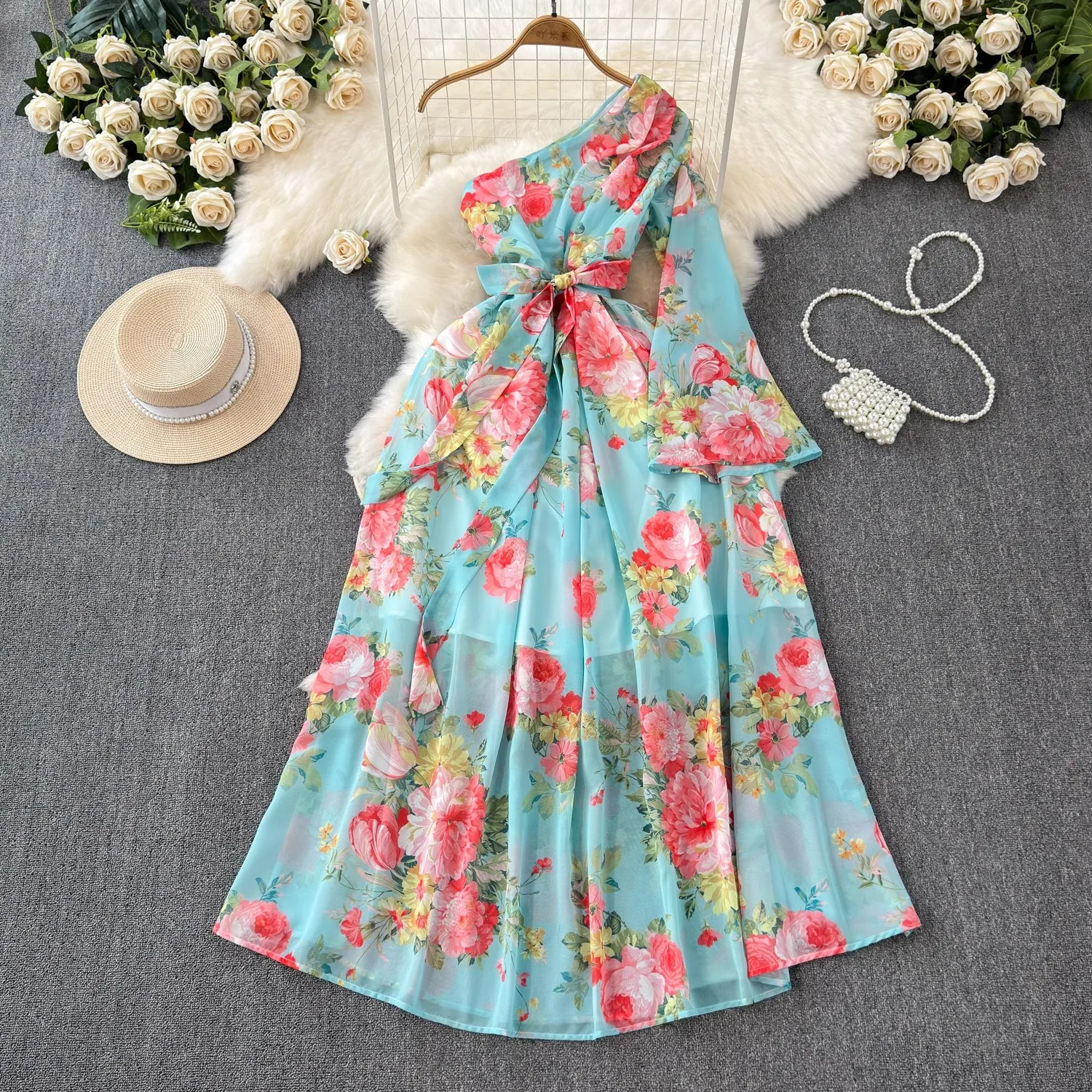 

New Summer Holiday Chiffon Dress Women Irregular One Shoulder Flare Sleeve Floral Print Bow Waist Boho Robe Long Vestidos 2054