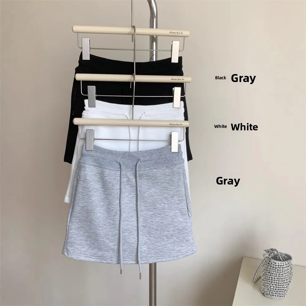 2025 Summer New Drawstring Sweatshirt Dress Sport Short Skirt Black Versatile Casual Sport A-Line Short Skirt Women High Waist