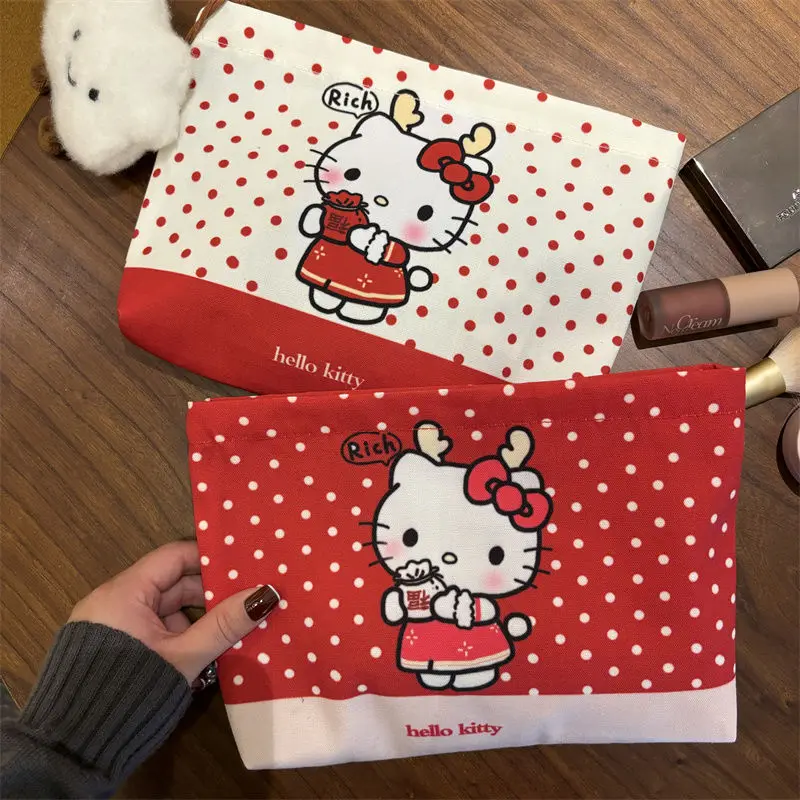 Kawaii Hello Kitty Coin Purse Cute Red Polka Dot Printed Cartoon Canvas Autumn Portable Large Capacity Travel Makeup Storage Bag