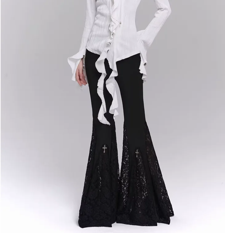 New Dark Gothic Girl Black High Waist Subculture Personality Flared Pants Fashion Versatility Retro Street Sexy Lace Trousers