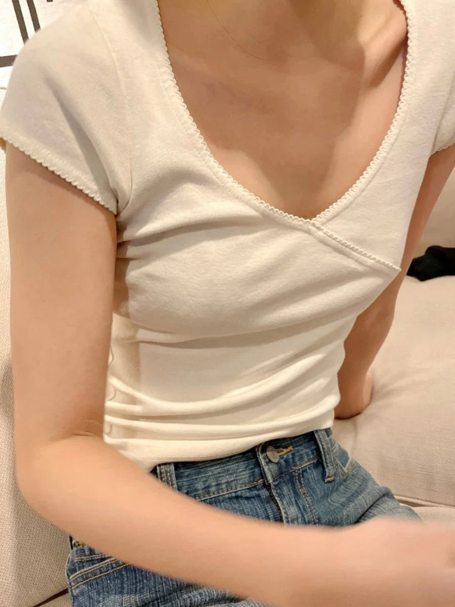 Stitching Solid Vintage Slim T-Shirt Summer V Neck Streetwear Cotton Top  Femme Sweet Cute Y2k Simple Tee Tops Woman Clothes