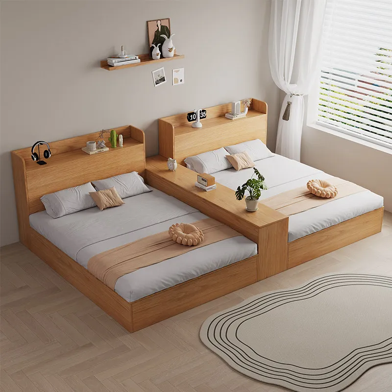 Solid wood double bed partition tatami twins do not interfere with each other bedroom brother twin