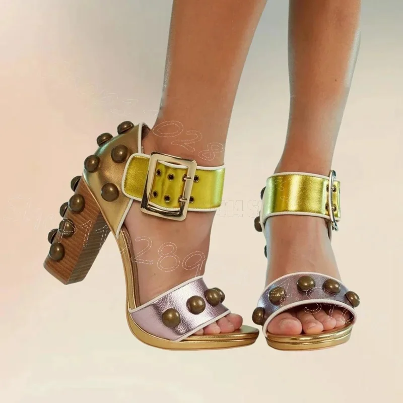 รองเท้าส้นสูงแบบเปิดนิ้วเท้า ดีไซน์หมุดกลมหลากสี สายรัดแบบหัวเข็มขัด รองเท้าผู้หญิง ส้นหนา สำหรับงานปาร์ตี้ งานเลี้ยง ปี 2025 รองเท้าผู้หญิง