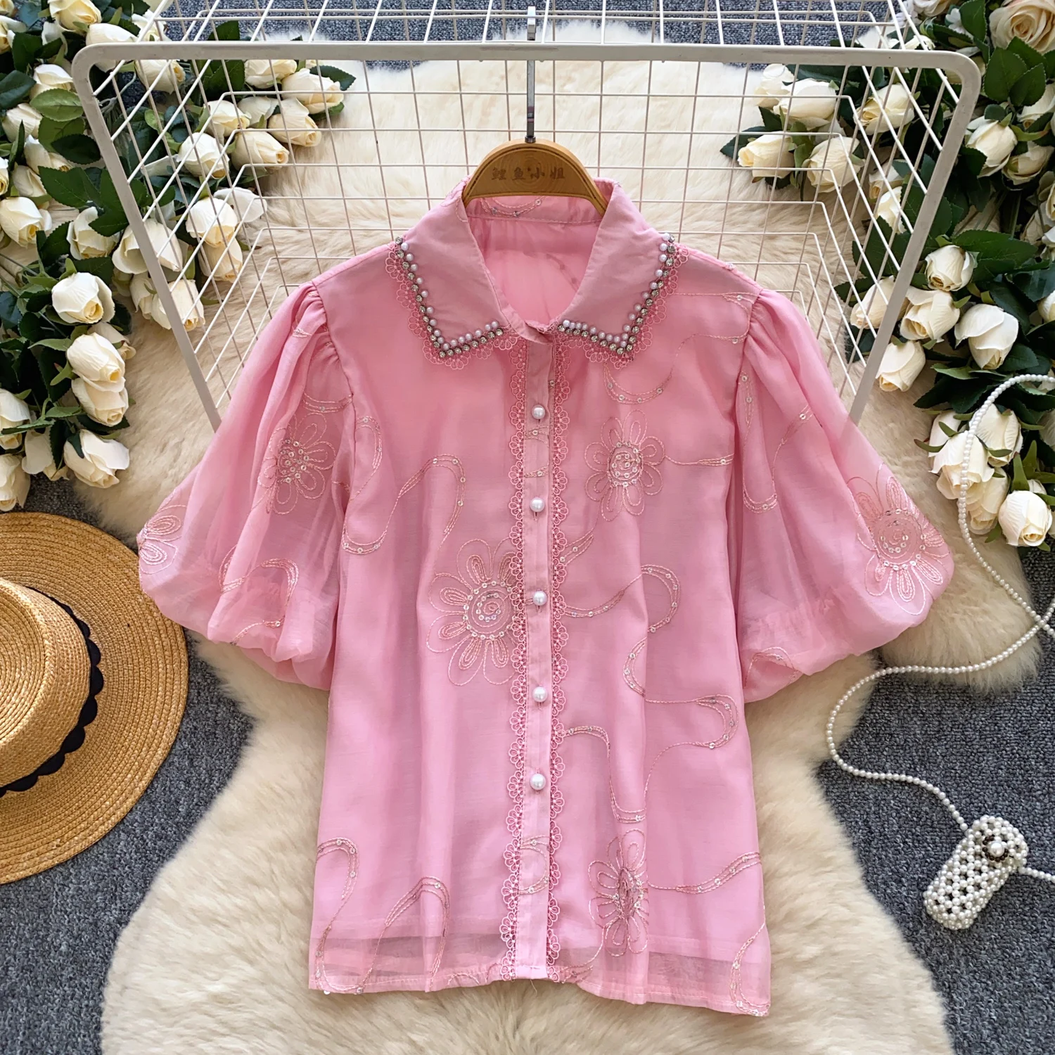 

Vintage Elegant Lantern Sleeve rhinestone sequin Blouse Fashion Polo-neck Shirt Casual Chic Top Fairy Summer Women
