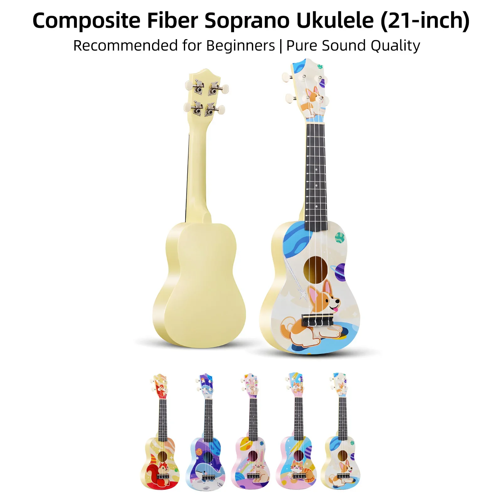 21-Inch Carbon Fiber Soprano Ukulele Starter Bundle - Full Kit W/ Bag, Strap, Capo, Strings, Picks & Polishing Cloth