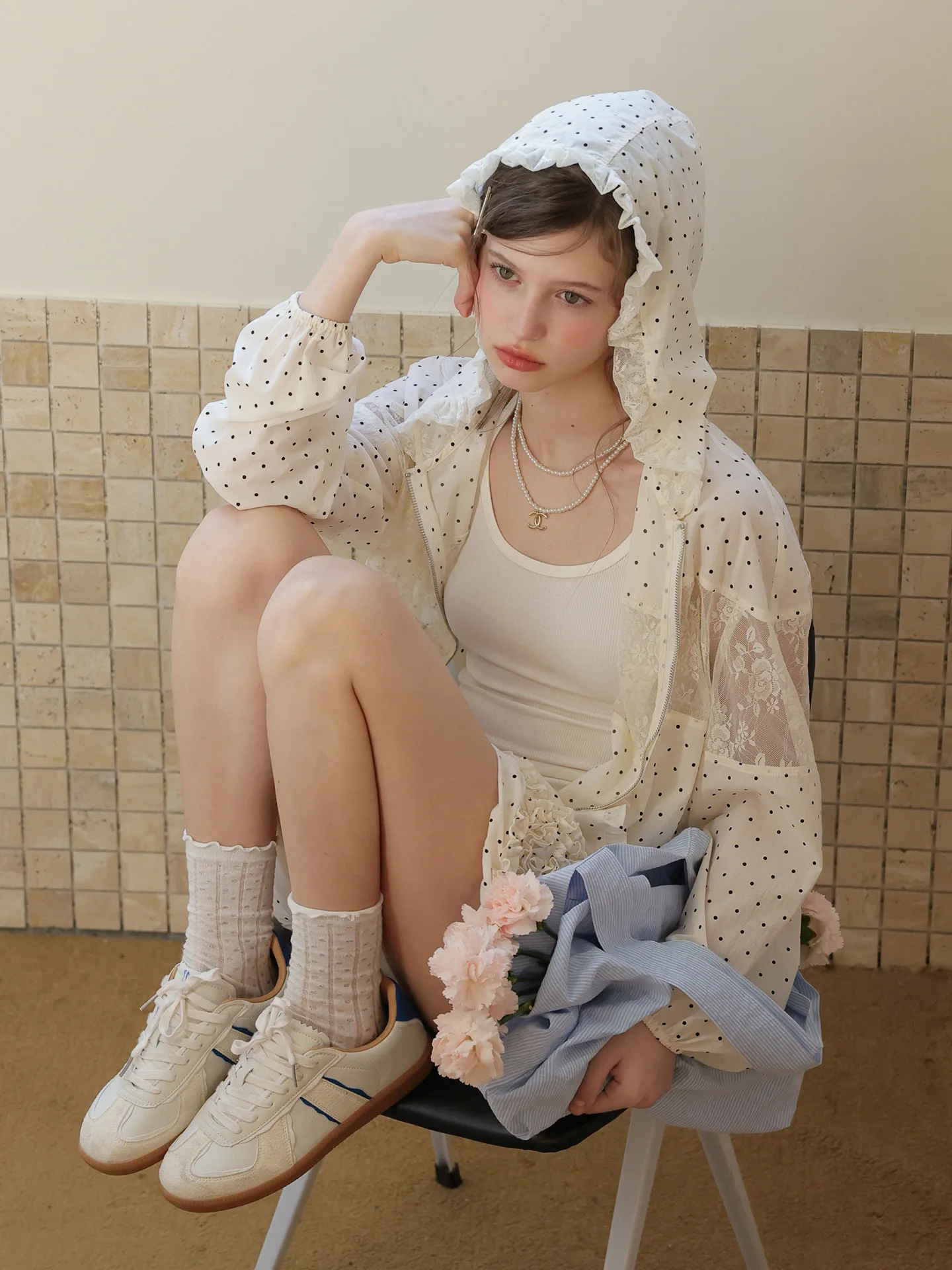 Summer Outfit Women's Polka Dot Lace Patchwork Hooded Sun Protection Jacket And Shorts Two-Piece Set Comfortable Lightweight