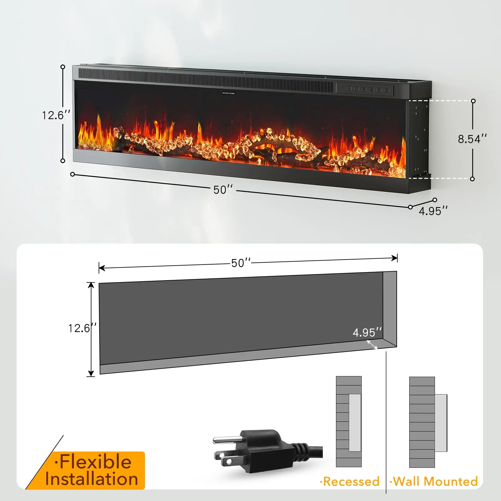 50 inch Upgraded Electric Fireplace-Ultra Narrow Bezel and Simulated Flame, Wireless Speaker, Ultra Large Flame