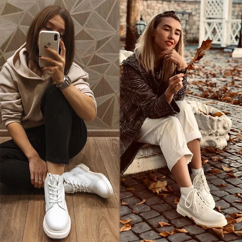 Soft Split Leather Women White Ankle Boots Female Autumn Winter Shoes Woman Punk Motorcycle Boots Spring Winter 35-44