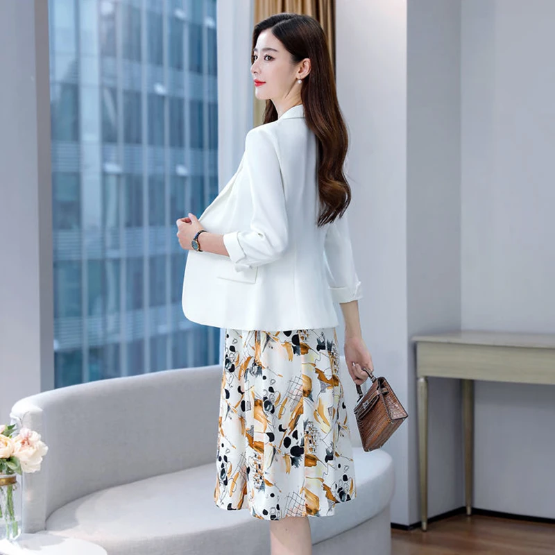 Korean Fashion Print Dress Suits Women 2 Piece Set Elegant Three Quarter Sleeve Blazer Jacket + Spaghetti Straps Floral Dresses