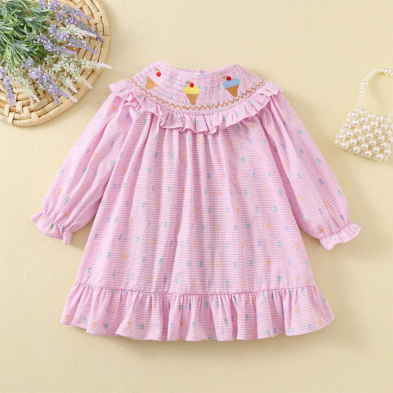

2025 Spring Autumn Girls' Dress Long Sleeve Ruffle Dress with Ice Cream Embroidery Plaid Print Causal Princess Dresses for Kids