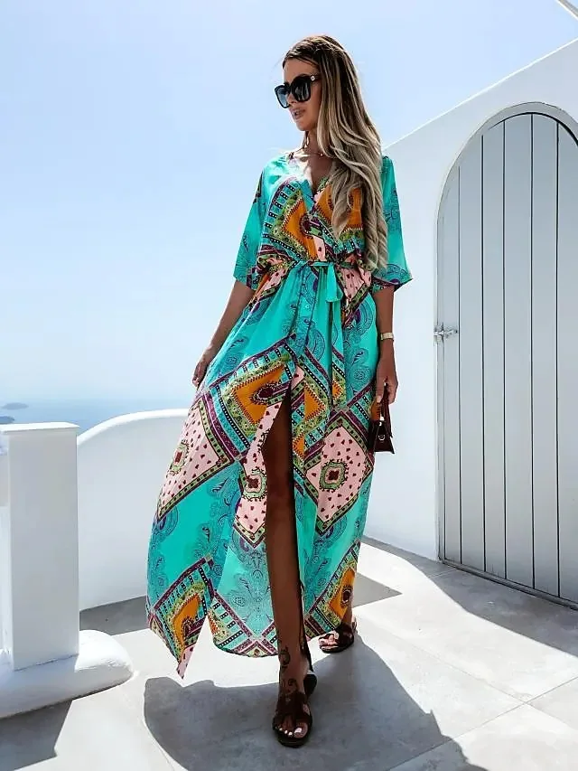 Zomer Print Lange Jurken Vrouwen Mode Sexy V-Hals Casual Strand Vakantie Stijl Hoge Taille Leace-Up Split Jurk Vrouwelijke Vestik