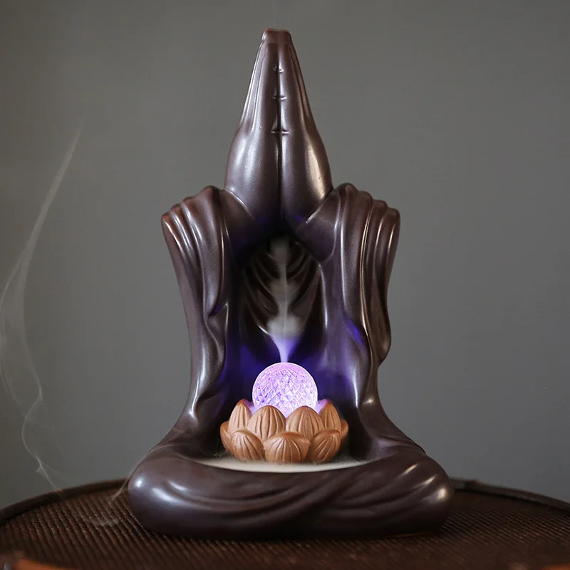 Backflow Incense Burner, Handmade Ceramic Buddha Hand Waterfall Holder for Home Relaxation With 20