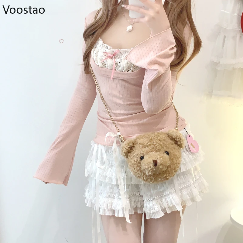 Pink Japanese Sweet Lolita Style T-Shirt Women Y2k Lace Ruffles Bow Kawaii Slim Tops Female Korean Chic Long Sleeve Casual Tees