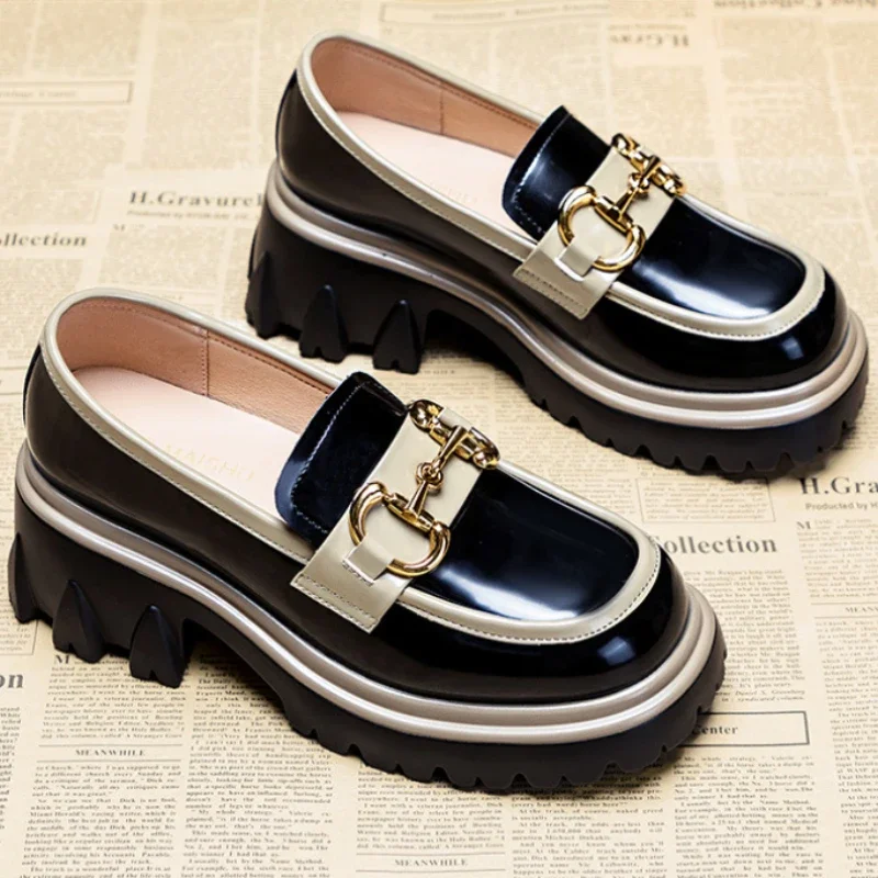 Spring Autumn Platform Shoes for Women British Style Loafers Leather Casual Shoe Thick-soled Heightened Pumps Breathable Zapatos