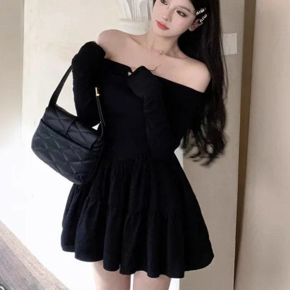 

New Korean Summer Black Shoulder Collar Dress for Women Autumn Fashion Sexy Long Sleeved Mini Dress Japan Streetwear Y2k