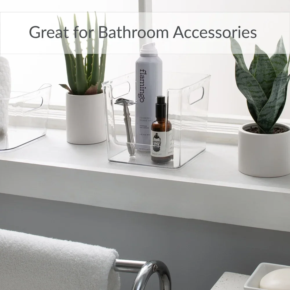 صندوق منظم للتخزين مربع مفتوح من الأمام، حامل شفاف متعدد الأغراض، المطبخ، الحمام، المكتب، سهل الوصول مع مقابض