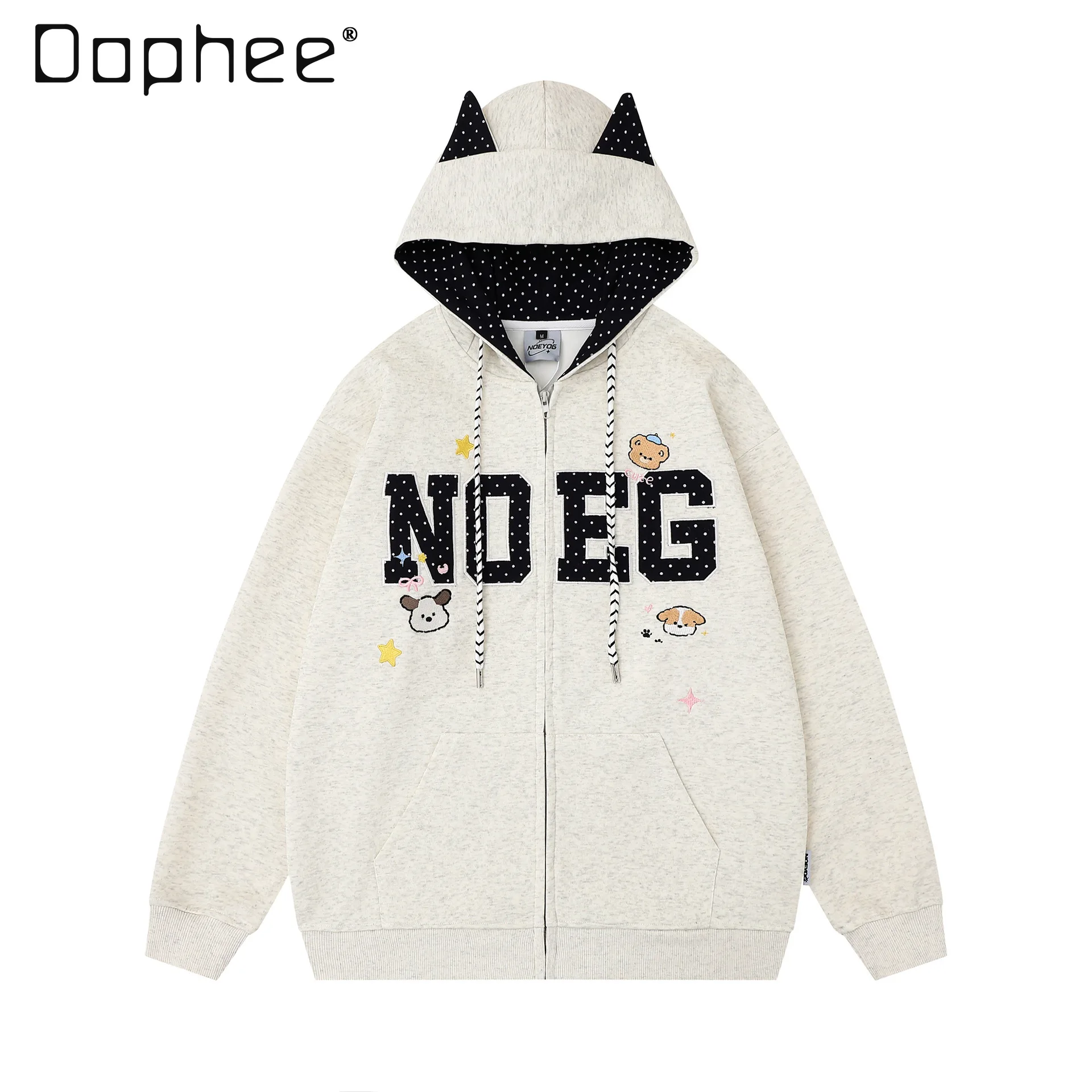 

Japanese Style Polka Dot Letter Patch Embroidery Cat Ear Hooded Sweatshirt Unisex Autumn Winter Versatile Jacket for Women