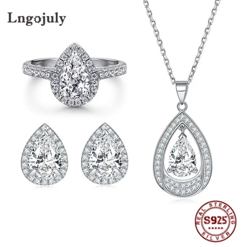 

Pure 925 Sterling Silver Women Jewelry Set Luxury Water Drop Rhinestone Jewelry Sets For Women Engagement Wedding Accessories