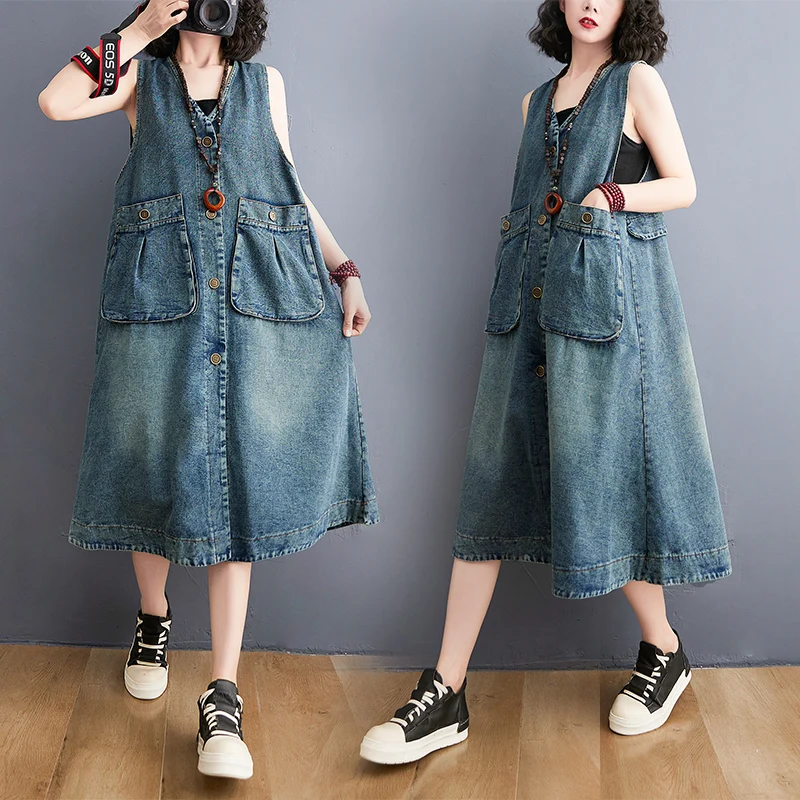 

Slimming Effect Mid-Length Denim Vest Dr Women Summer New Sle plus Size Faionable Svel round Ne Dr