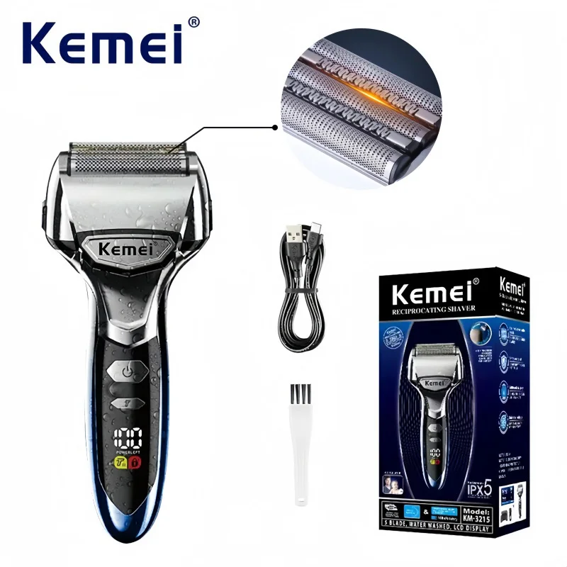 

Kemei KM-3215 Waterproof Reciprocating Electric Shaver, 3D Floating Heads, USB Quick Charge Design, Men's Razor.