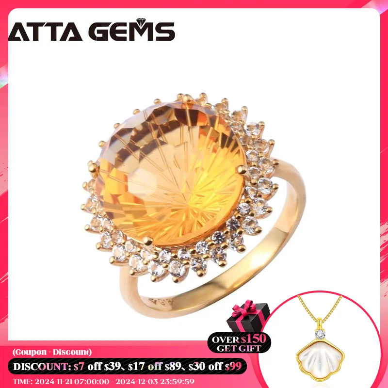 Natural Citrine Real 18K Gold Diamond Ring Round 13mm Clean Citrine 18K Yellow Gold Gemstone Women Wedding Ring Firework Cutting