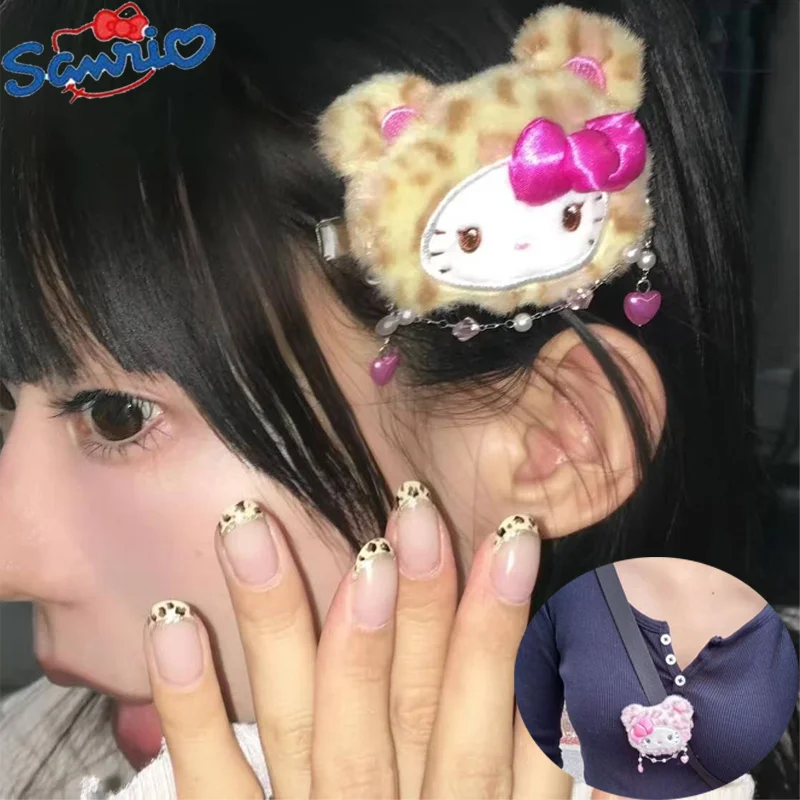 Sanrio Hello Kitty Leopard Print Series Plush Hair Clip Sweet Girl Bag Accessories Clip Cartoon Everything Trend Cat Side Clip