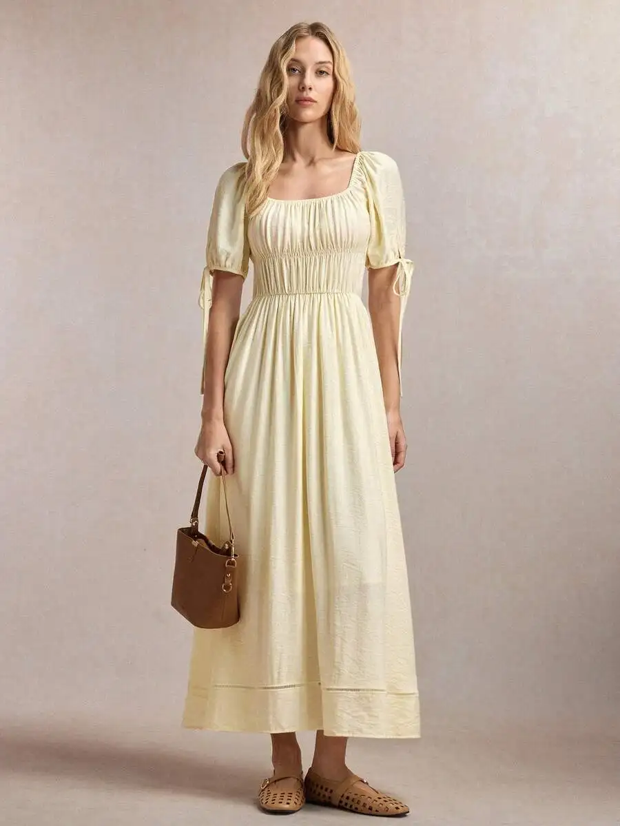 

Yellow Womens Long Dress With Tie Strap Off-Shoulder Elegant Casual Vacation Party Date Wedding Guest Summer Social Holiday