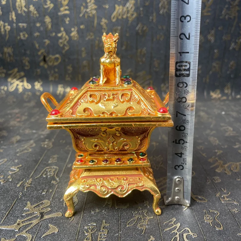 Crafts Ancient Alloy Gemstone Four-Legged Three-Piece Incense Burner Set for Home Indoor with Lid Craft Ornament