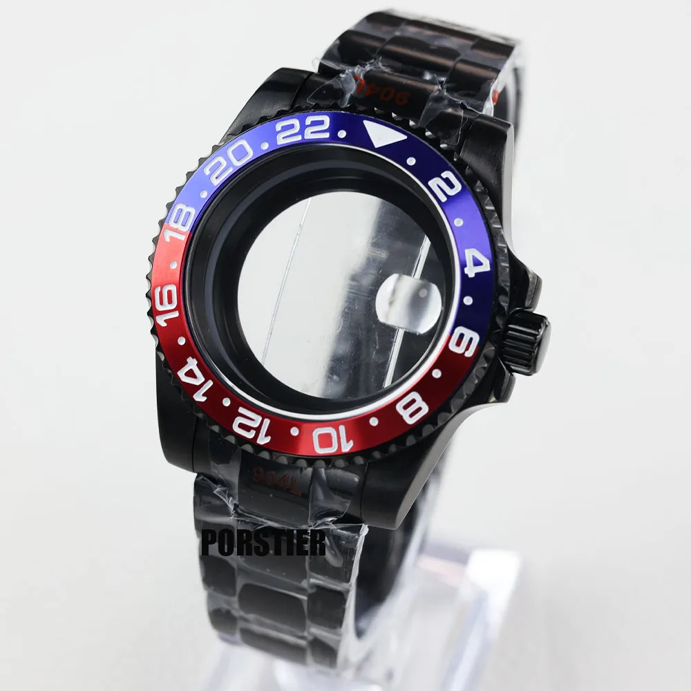 40mm 블랙 pvd 시계 케이스 NH34 NH35 NH36 무브먼트 용 사파이어 방수 28.5mm 다이얼 Submariner GMT 굴 스트랩 케이스