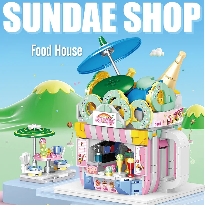 Mini City Street View Food Store Mini Bricks Coffee Ice Cream Shop Architectures Models Building Blocks Toys For Children Gifts