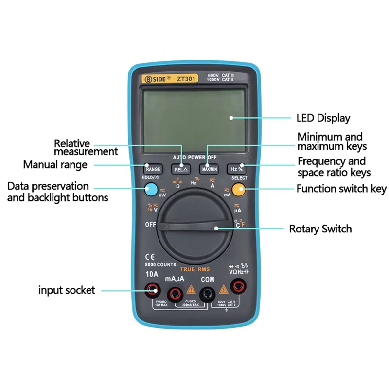 BSIDE ZT301 ZT302 Digital Multimeter True-RMS DC/DA Voltmeter Ammeter multimeter Professional Resistance Ohm Cap Tester Meter