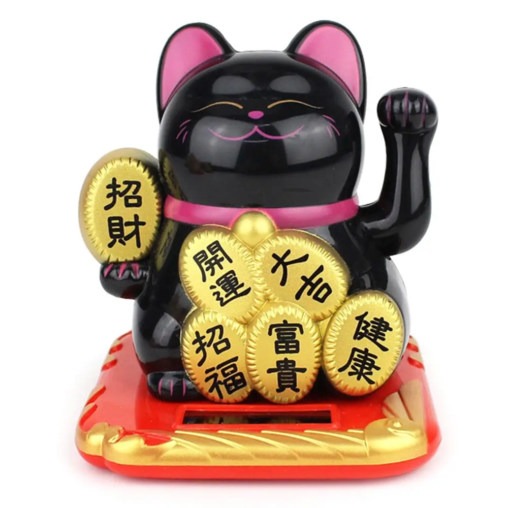 Cute Chinese Lucky Cat Maneki Neko Figurine Waving Wealth Shaking Hand Solar Powered Welcoming Home Car Ornament Fortune Symbol