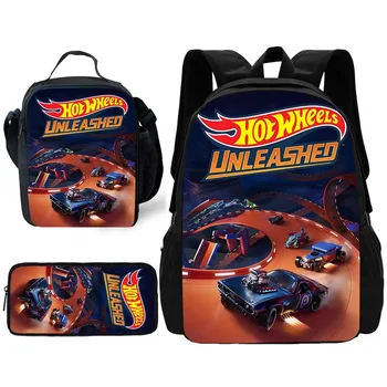 Hot Wheels Cars Schulrucksack für Kinder mit Lunchtaschen, Bleistiftbeuteln, Schultaschen für Jungen und Mädchen, bestes Geschenk
