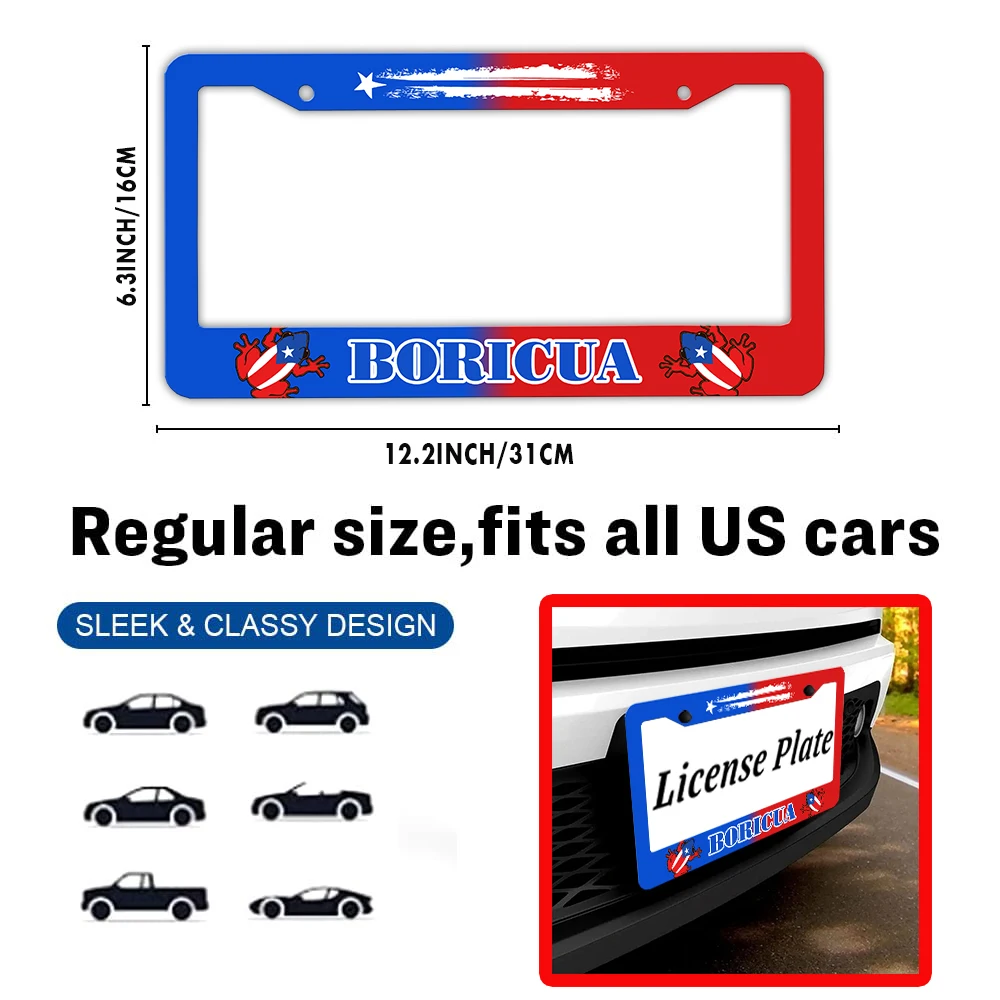 Vintage y divertido Boricua - Marco para matrícula con temática de 2 orificios y patrones de ranas, viene con juego de tornillos, regalo de decoración de coche