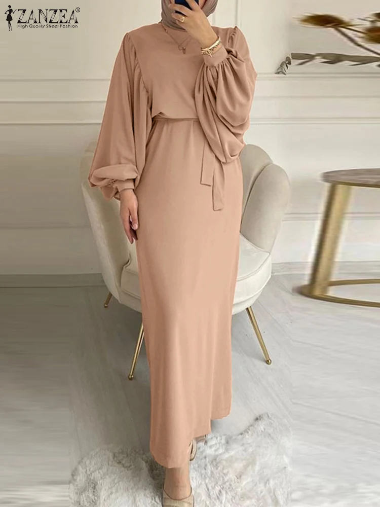 ZANZEA-vestido longo muçulmano para mulheres, abaya, vestido maxi com renda, manga comprida, gola O, vestido elegante do Ramadã, moda primavera, 2024