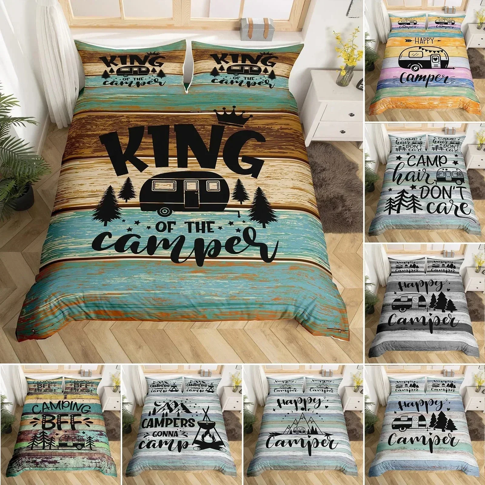 Rustic Farmhouse Style Duvet Cover Set Old Barn Door Comforter Cover Happy Camper Print Black Sketch Drawing Quilt Cover