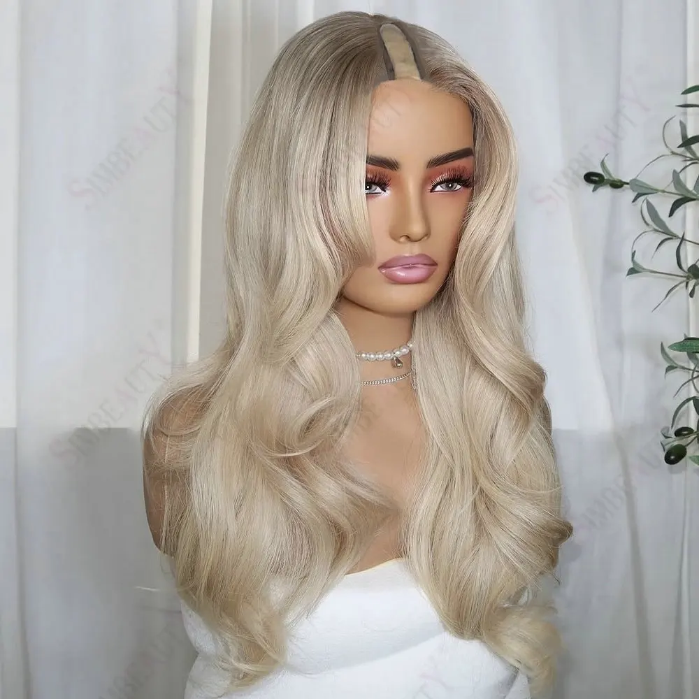 Super lockere, gewellte, dunkelblonde Wurzeln, Ombre-Platinblond, Echthaar, 1X4 U-Part-Perücken, klebefrei, verstellbare V-Part-Perücken mit Clips – Detail 2