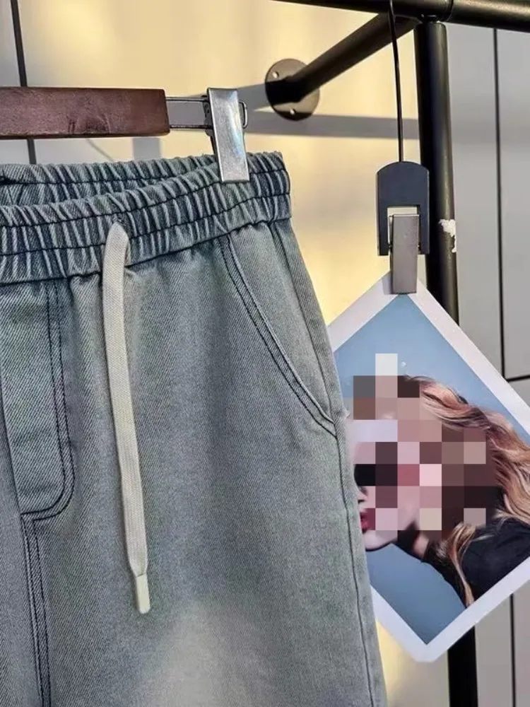 الربيع الصيف أزياء خمر الجينز النسائية نوعية جيدة مرونة الخصر الرباط لطيف التطريز الدانتيل خليط الساق الدنيم السراويل