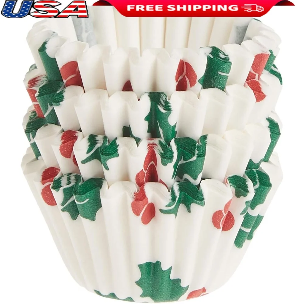 

Christmas Mini Muffin Cupcake Liners Set of 100 Food-Safe Paper Baking Cups Festive Design Ideal Pastries Candies Appetizers