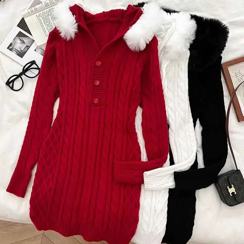 Sweet Knitted Mini Dress Women Y2K Autumn Winter Hooded Kawaii Slim Dress Female Elegant Christmas Warm Pullover A Line Dress