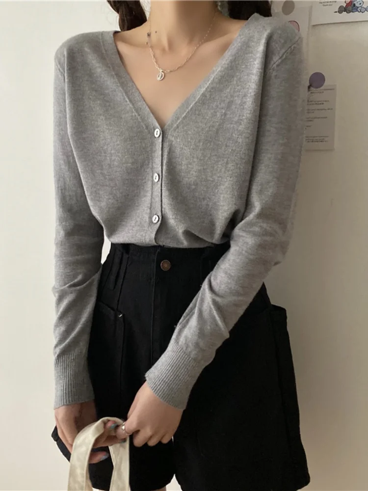 

Casual V-neck Long Sleeve Thin Knitted Cardigan Women Korean Fashion Harajuk Solid Tops Female
