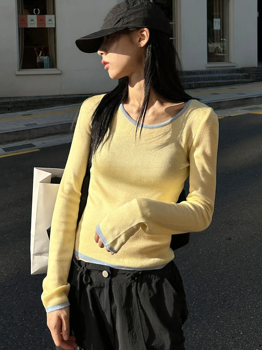 KUSAHIKI 2024 Spring Hit Color O-neck Long Sleeve Slim Spicy Girl Y2k Tops Korean Fashion Sexy Slim Women Knitwear Sueter Mujer