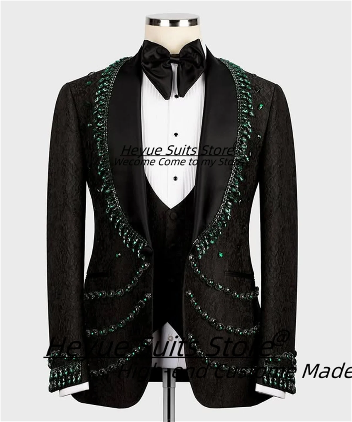 

Classic Jacquard Men Suits Customized Shiny Diamond Shawl Lapel Groom Wedding Tuxedos 3Pieces Sets Male Prom Blazers Ropa Hombre