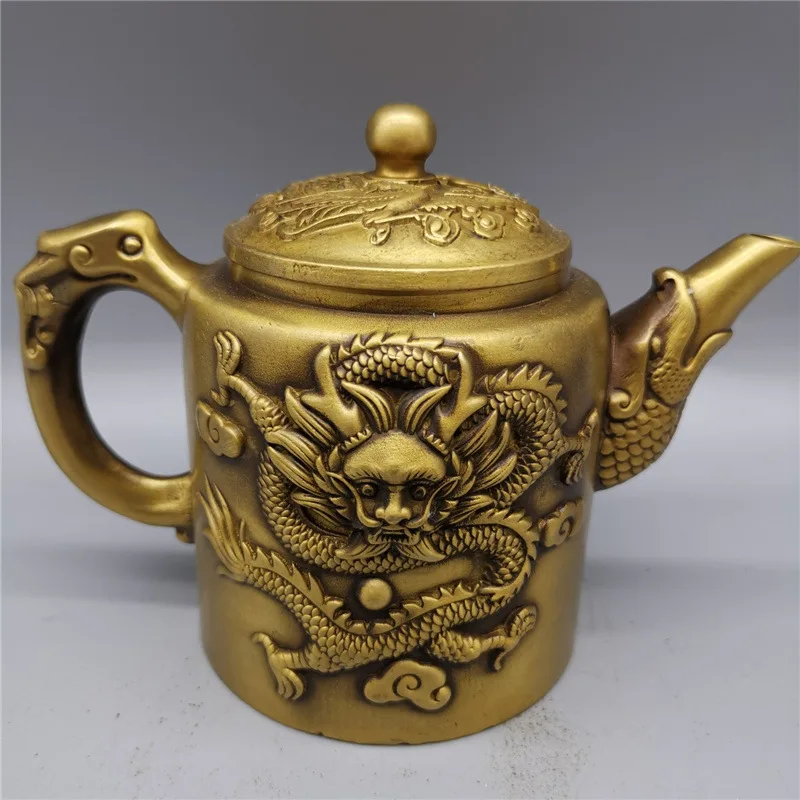 

Antique Brass Teapot with Dragon and Phoenix Design, Vintage Style, Decorative Ornament, Gift