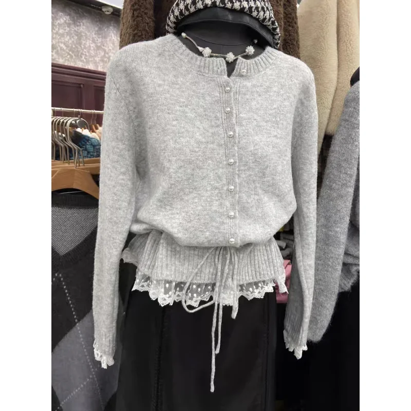 

Knitted Sweater Women 2025 Autumn New Arrival Pearl Buttons Lace Patchwork Sweaters Pullovers Korean Style Casual Outwear Tops