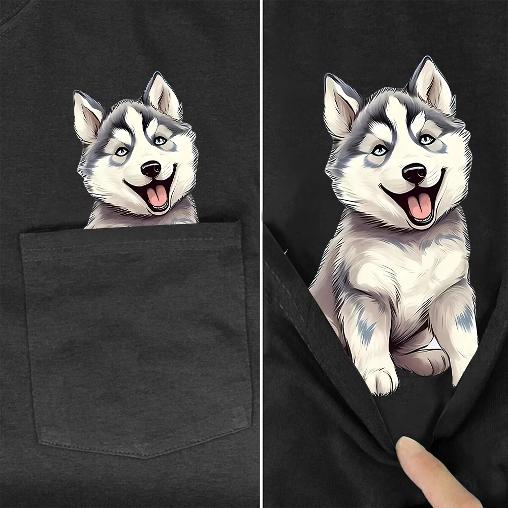 HX Fashion Cotton T-Shirts Siberian Husky Middle Finger Printed Pocket T-shirt Mens Clothing Summer Short Sleeve Tees Tops