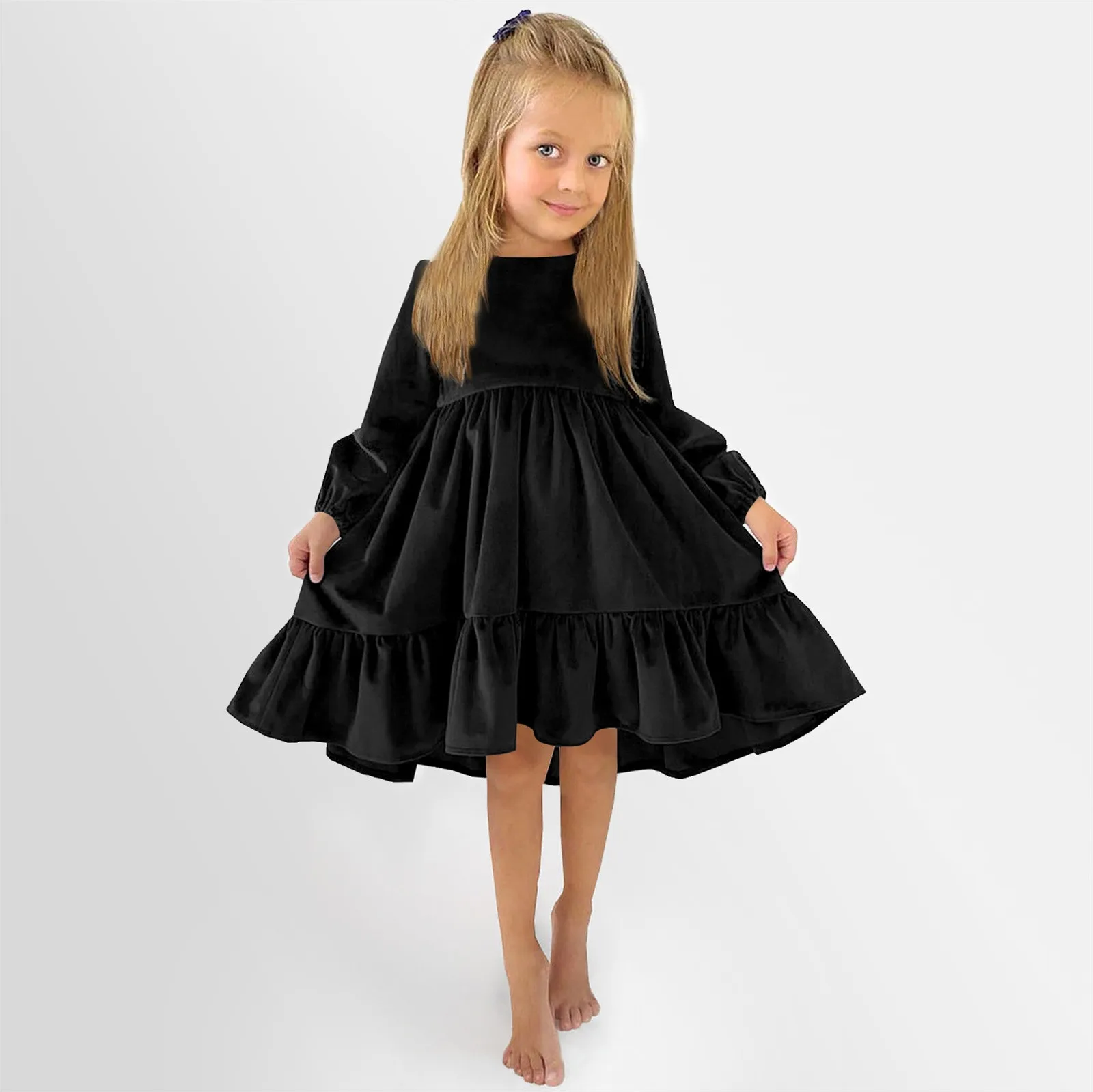 New 7-12 Y Girls Spring Autumn Winter Velvet Long Sleeve Ruffle Hem Formal Dress Princess Kids Party Dressess Children Clothing