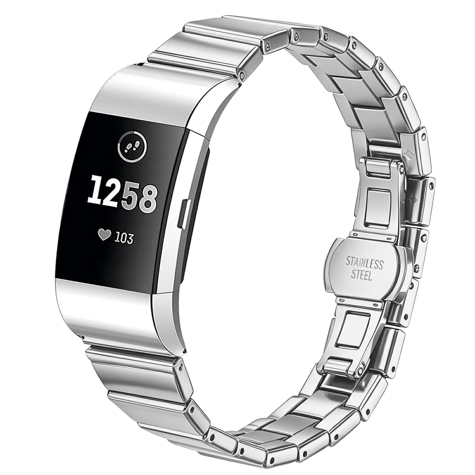 For Fitbit Charge 2 Strap One-bead Stainless Steel Watch Band with Butterfly Buckle - Silver