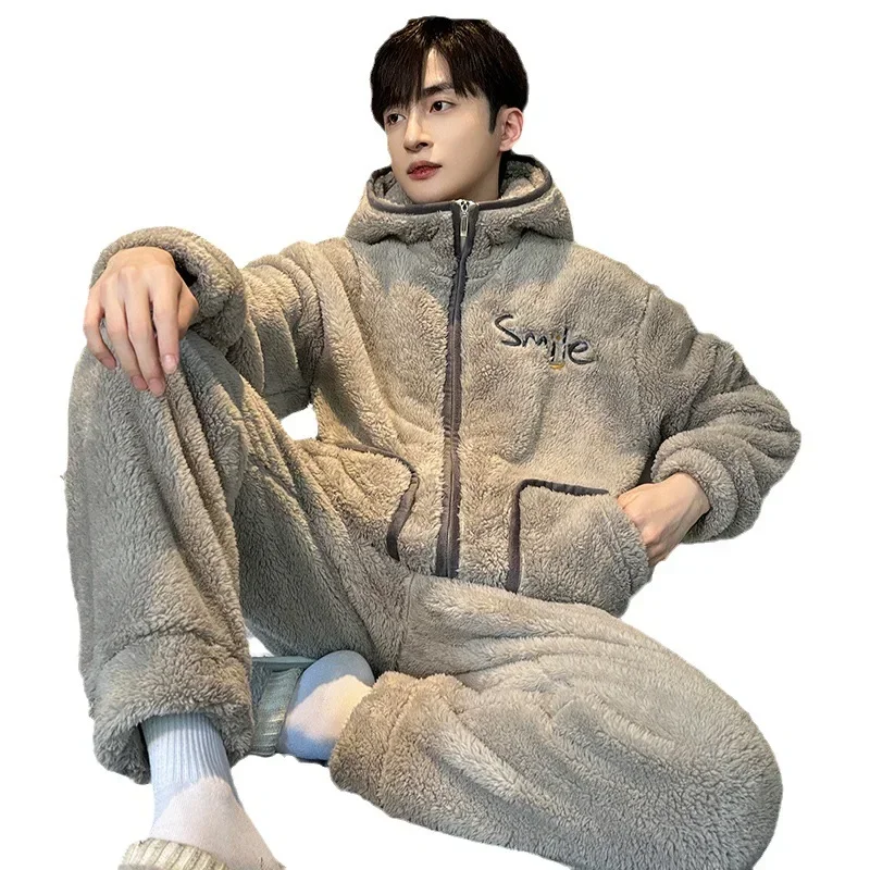 Coral Fleece Pajama Sets Men Winter Warm Sleepwear Long Sleeve Trouser Pajamas Flannel Thick Homewear Zipper Hooded Pajamas